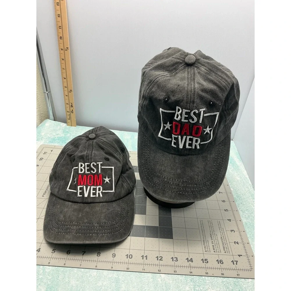 Best Mom Ever Best Dad Ever Matching Baseball Cap Set Washed Black Cotton 2pc‎